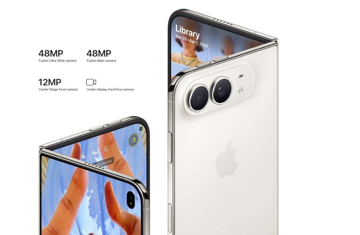 Foldable iPhone Duo with dual 48MP cameras and selfie camera.