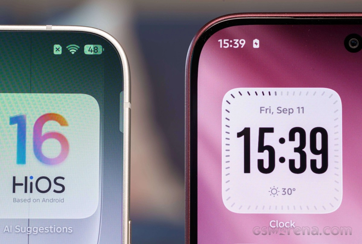 Two phones showing clock and HiOS interface.