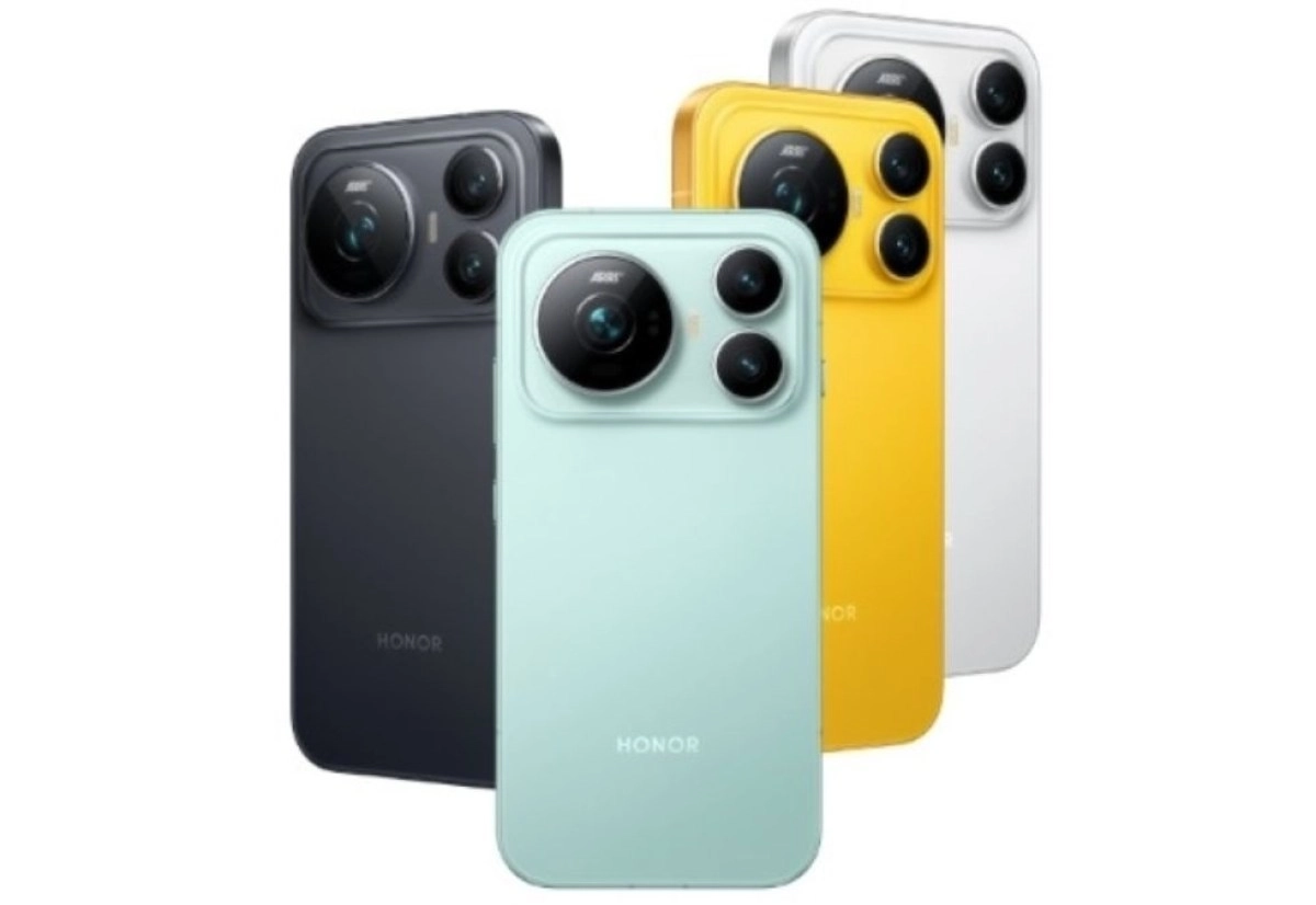 Honor Magic9 series phones in four colors displayed.