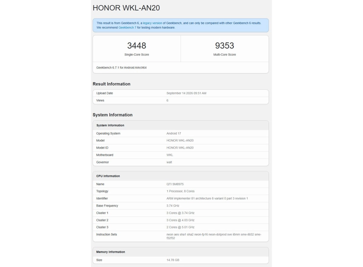 Honor WKL-AN20 Geekbench 6.7.1 with 14.78 GB RAM
