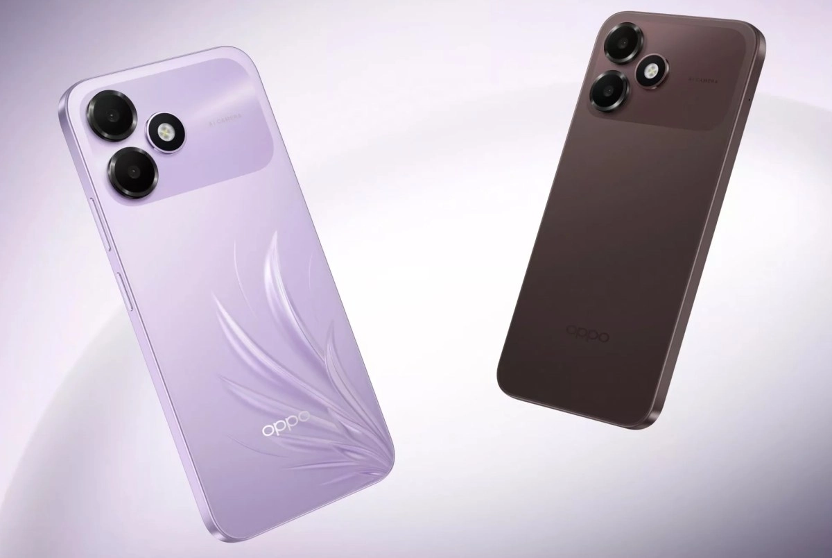 Oppo K14 Lite phones in purple and brown.