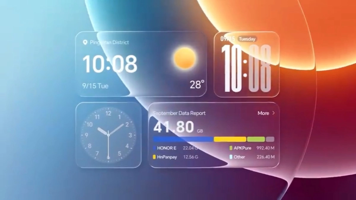 Honor MagicOS 11 liquid glass widgets display time, weather, data.