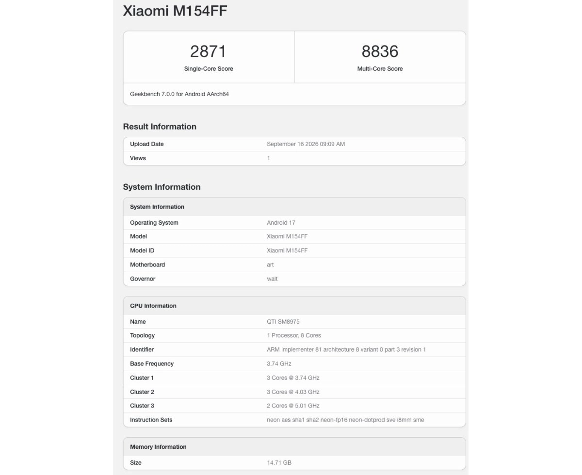 Xiaomi M154FF Geekbench scores and chipset info.