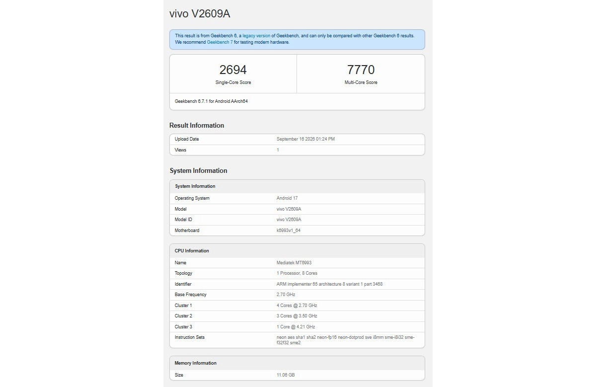 vivo V2609A Geekbench score and chipset information