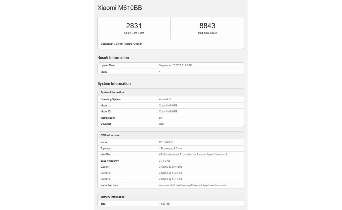 Xiaomi M610BB Geekbench 7 score 2831/8843.