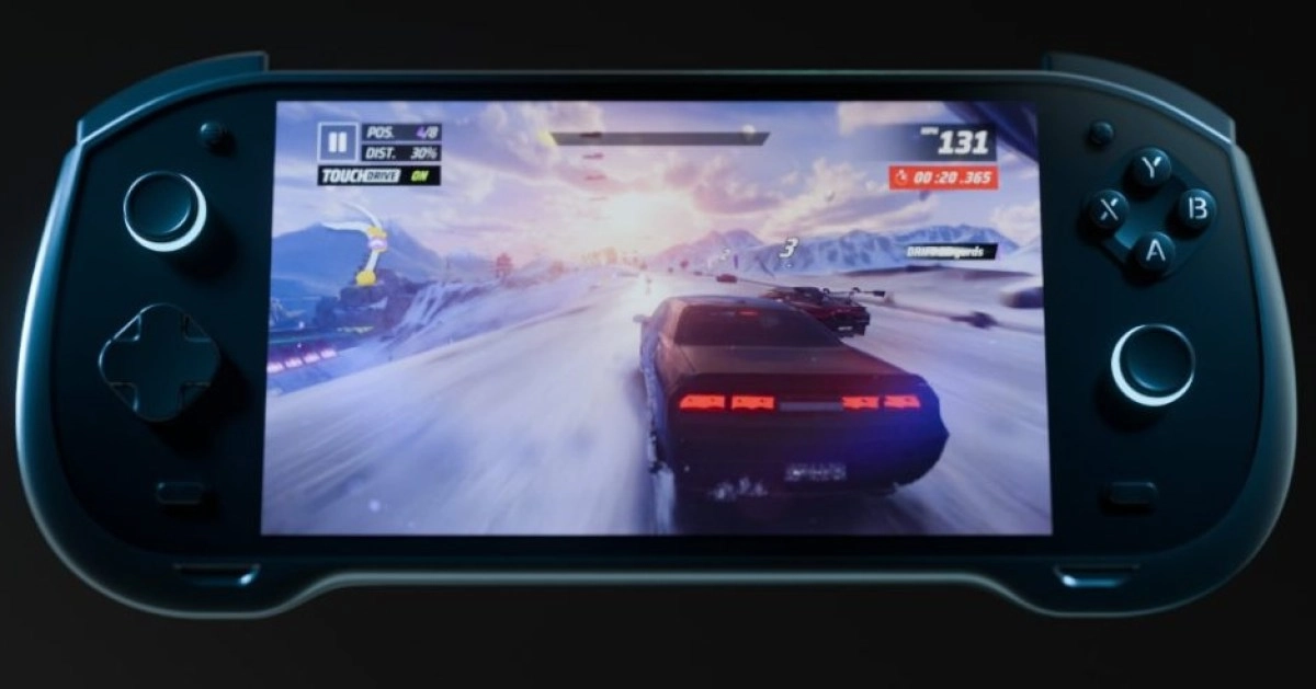 Arc X1 gaming handheld playing racing game on screen
