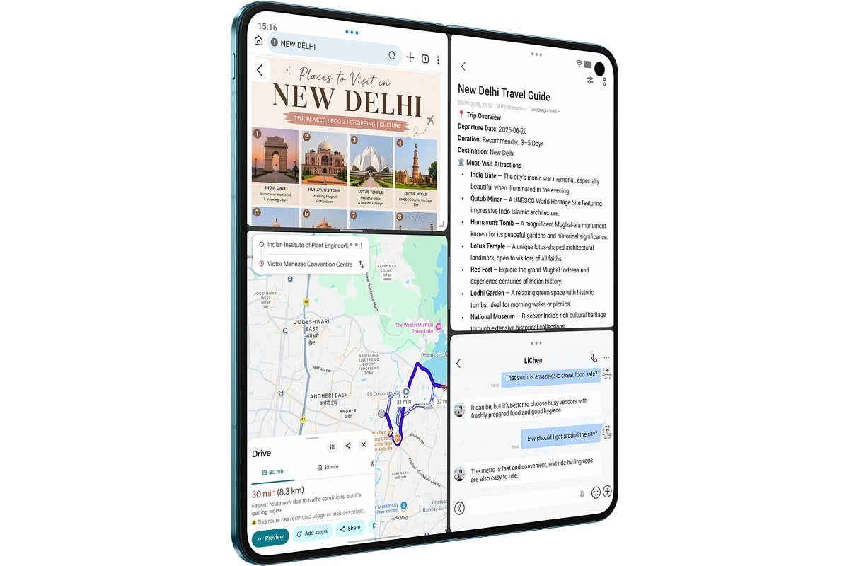 vivo X Fold6 multi-window travel planning apps.