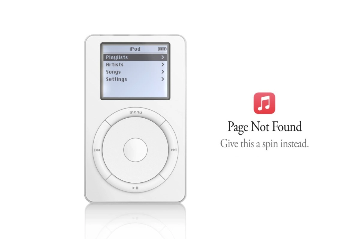 iPod "Page Not Found" easter egg on white background.