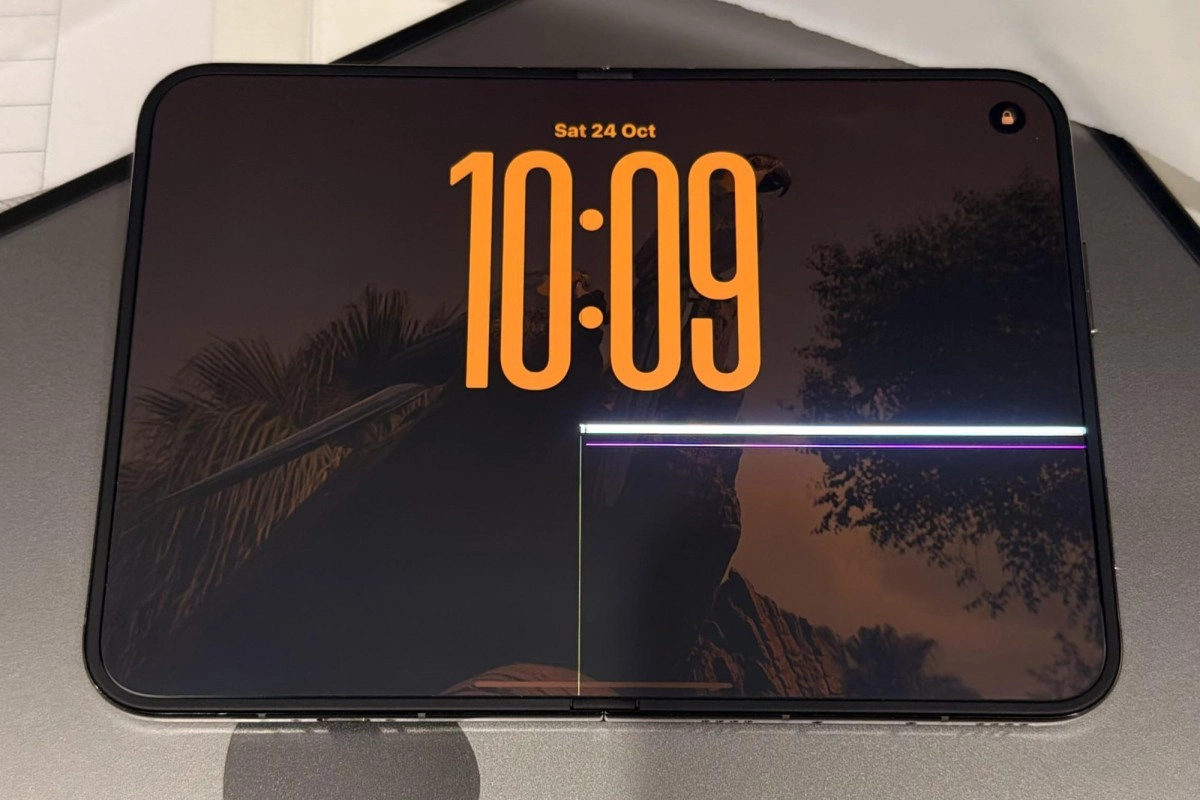 Foldable iPhone with damaged inner display line.