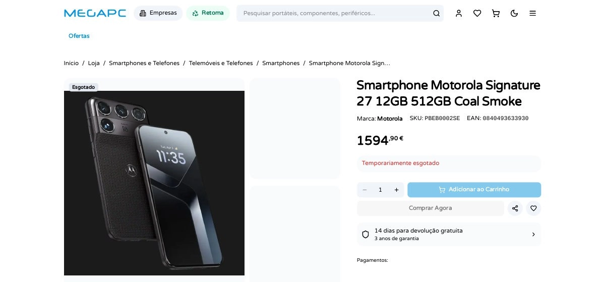 Motorola Signature 27 smartphone Coal Smoke displayed.