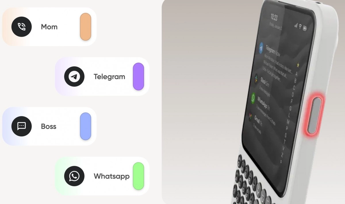Clicks Communicator phone with physical keyboard and app shortcuts.