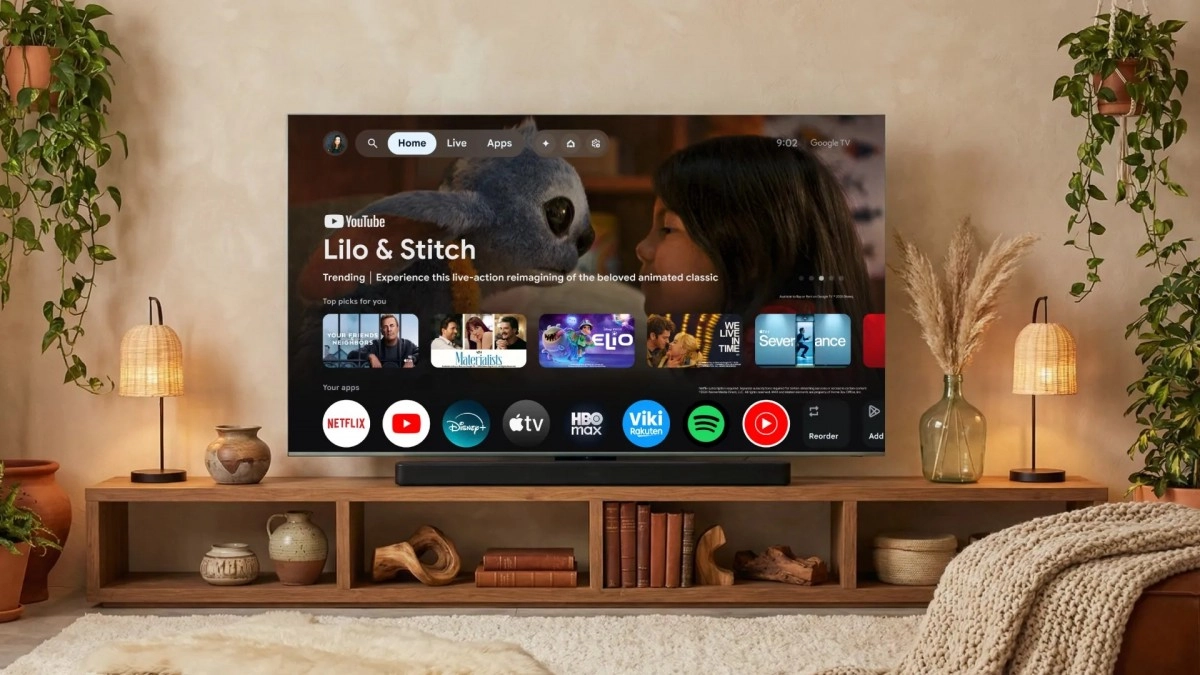 Google TV interface with Gemini and streaming apps.