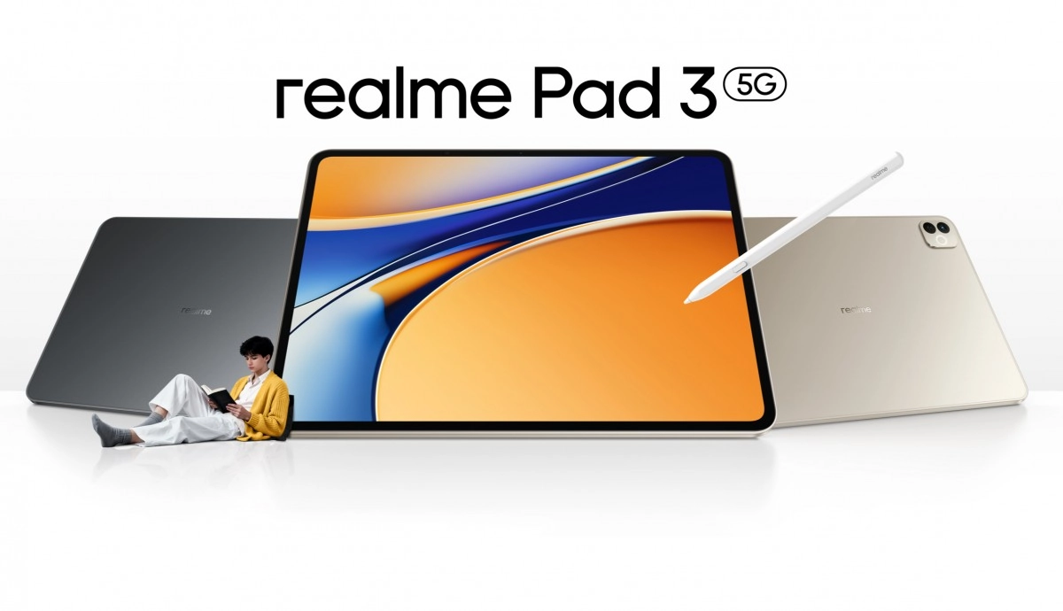Realme Pad 3 5G with stylus and person reading