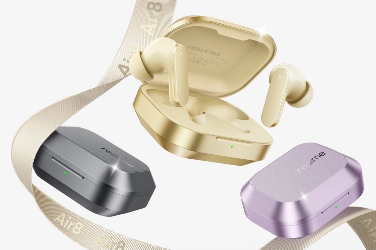Realme Buds Air8 gold, grey, purple earbuds.