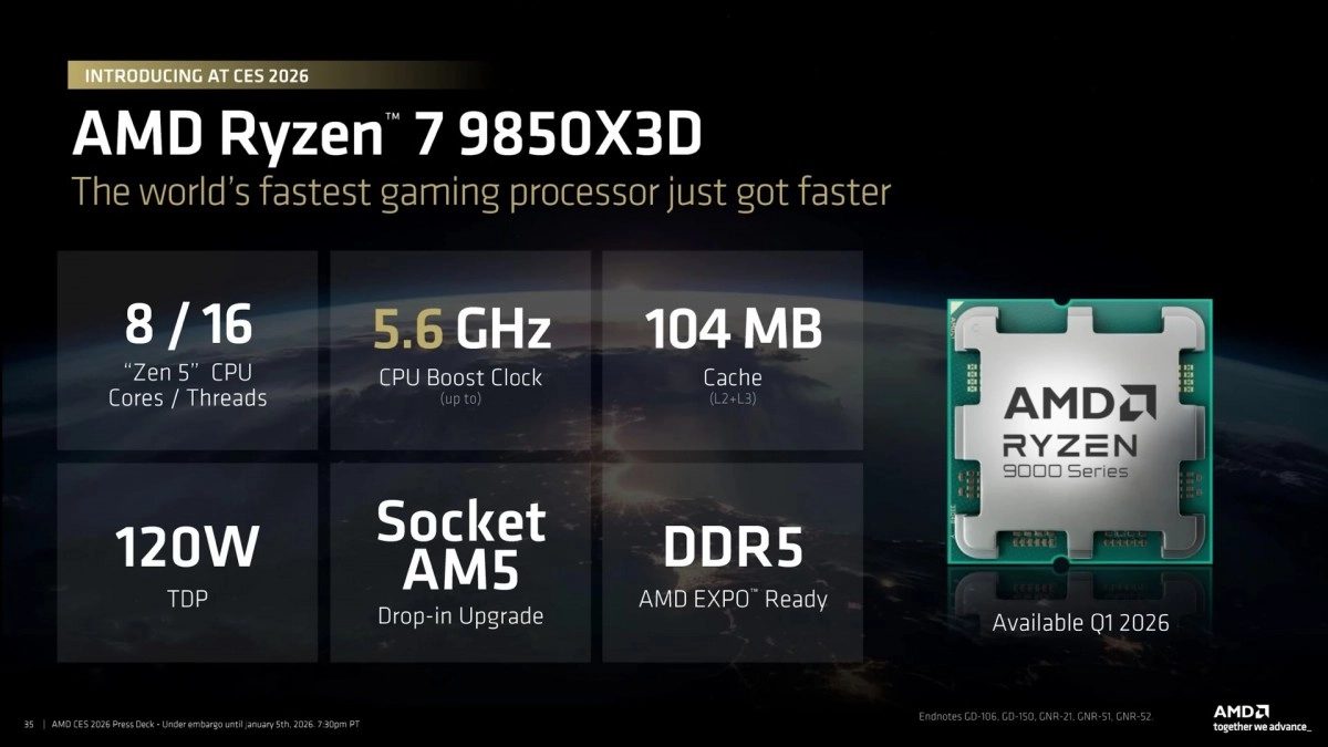 AMD Ryzen 7 9850X3D gaming CPU specifications