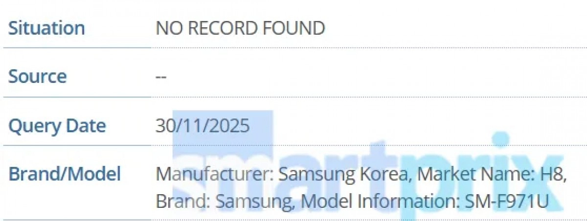 Samsung SM-F971U listed on IMEI database.