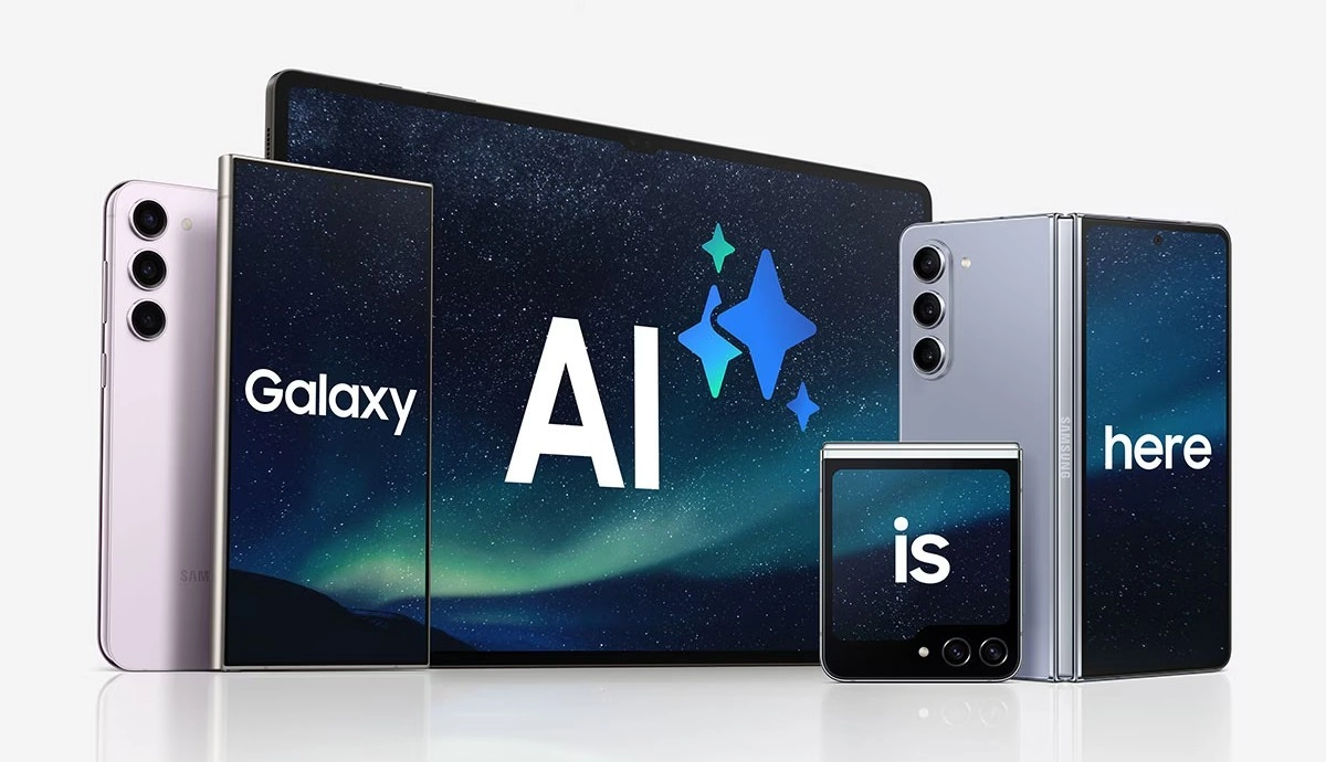 Samsung Galaxy phones, tablet displaying 'AI is here'.