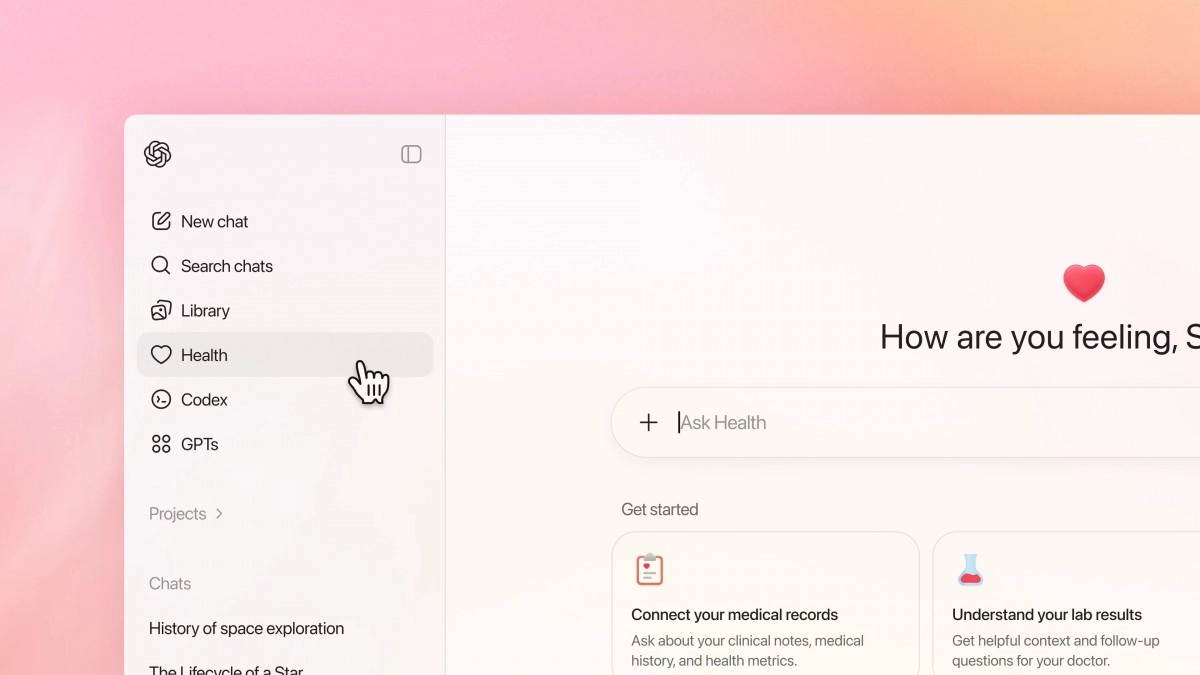 OpenAI ChatGPT Health interface with health option highlighted.