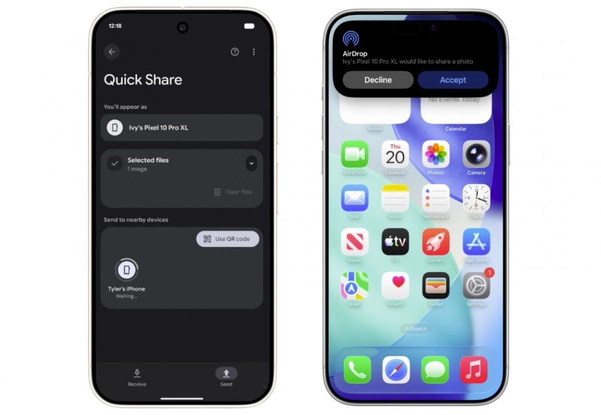 Quick Share and AirDrop on Pixel and iPhone.