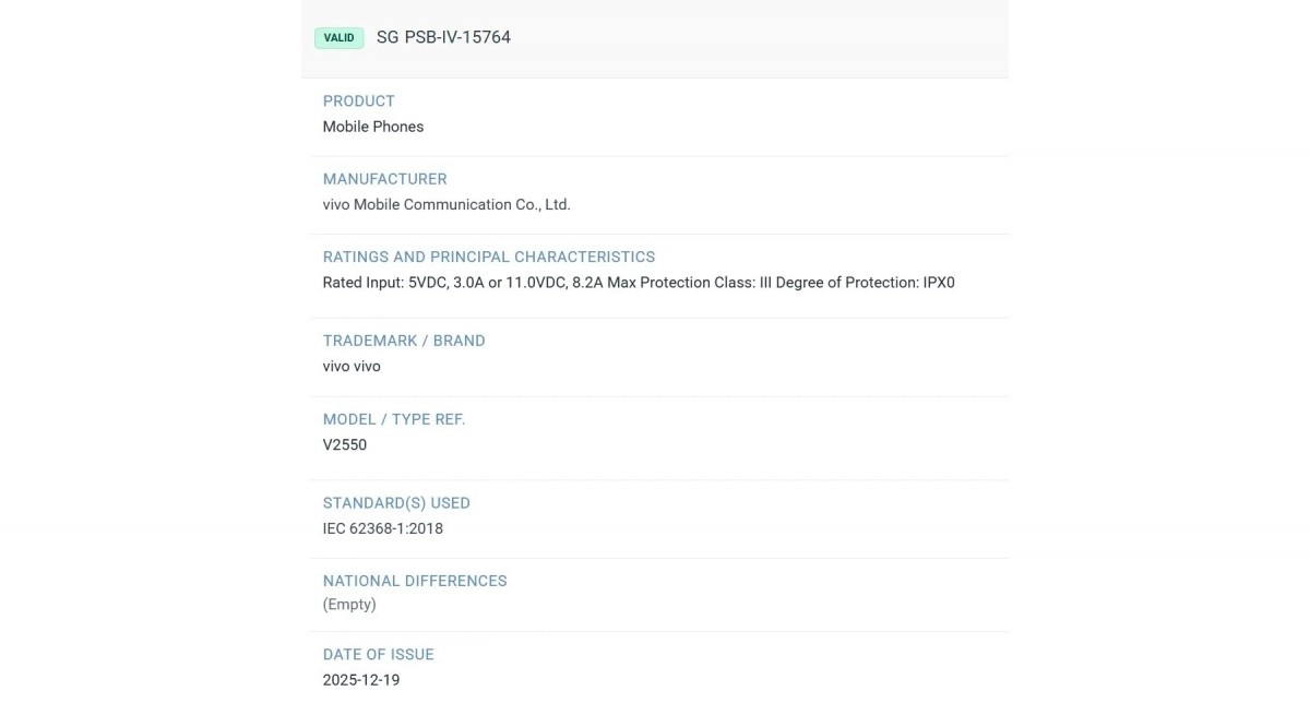 vivo V2550 certification details show mobile phone specifications.