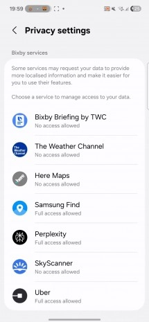 Bixby privacy settings displaying Perplexity AI service access.