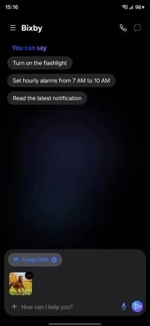 Bixby AI interface with voice commands and Image Q&A.