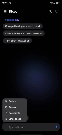 Bixby AI assistant interface with suggested commands.