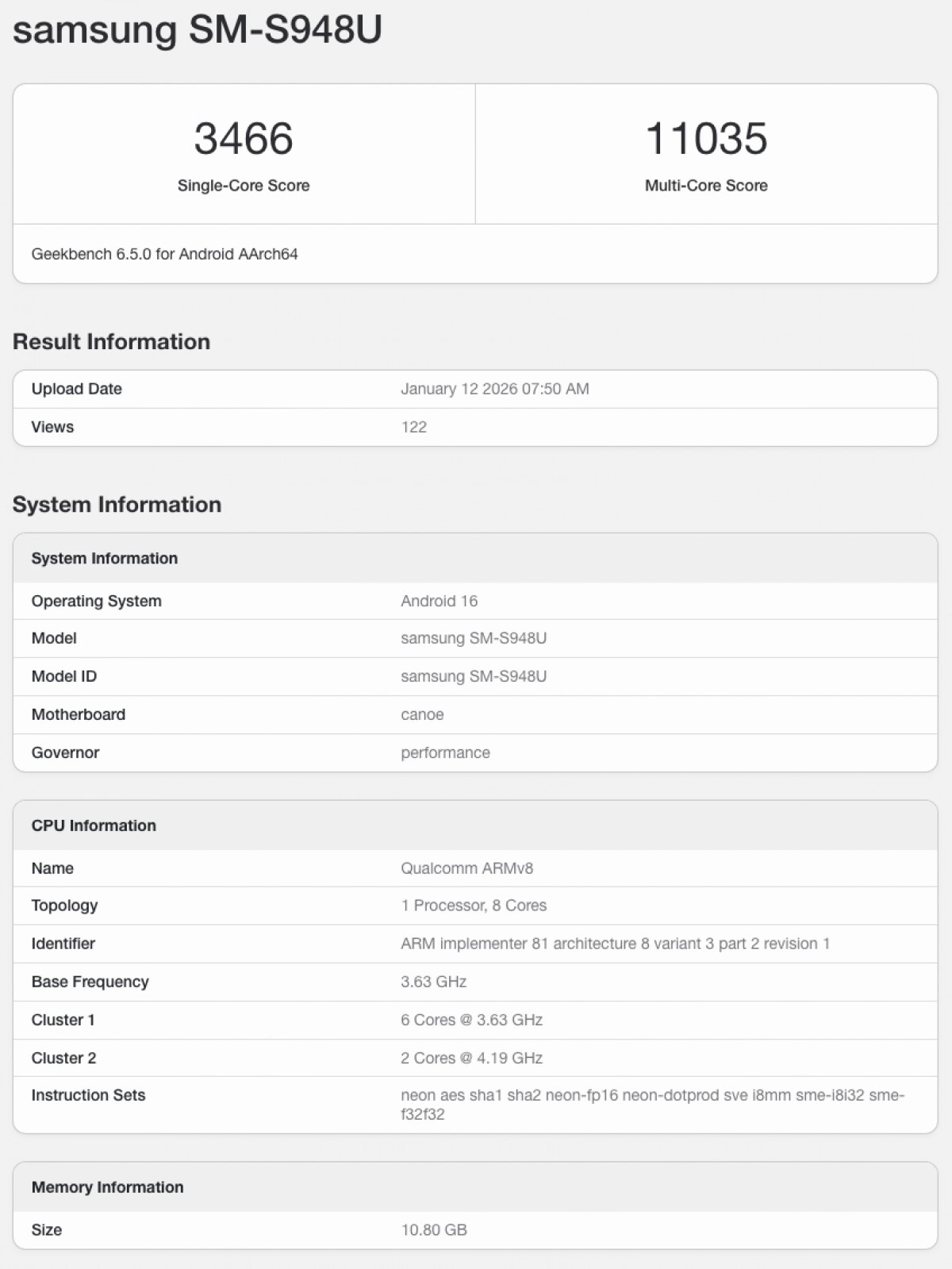 Samsung SM-S948U Geekbench scores, Android 16