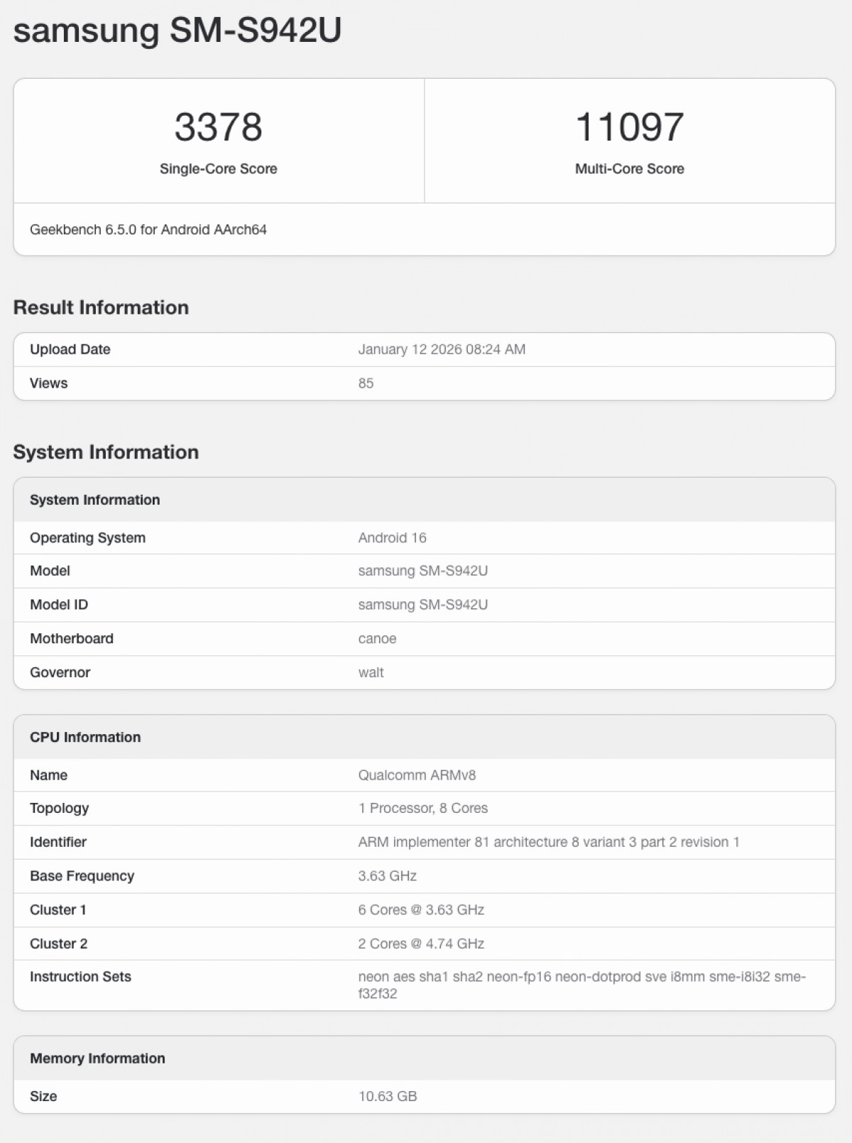Samsung SM-S942U Geekbench score and system information.
