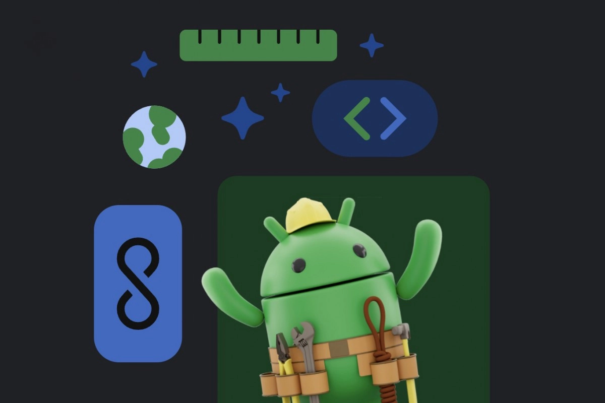 Android robot in hard hat with coding symbols