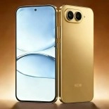 Gold smartphone front and back with dual cameras.