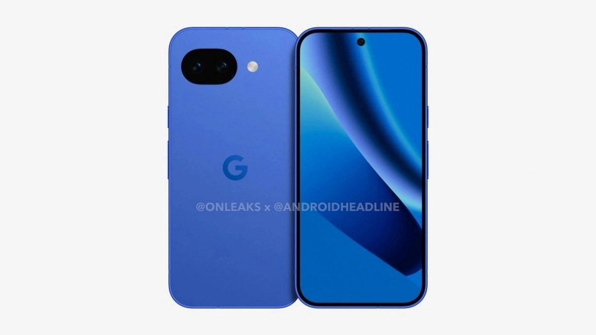 Blue Google Pixel 10a render shows front and back