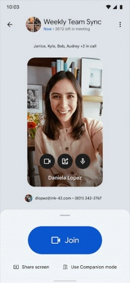 Google Meet mobile app showing meeting preview.