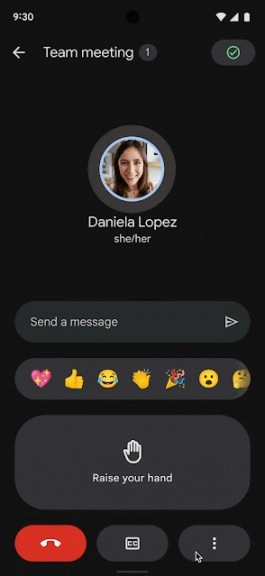 Google Meet mobile app with raise hand and reactions.