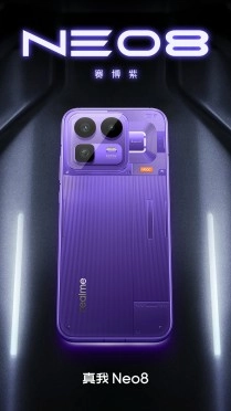 Realme Neo8 smartphone in purple colorway.