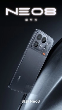 Realme Neo8 smartphone in Mecha Grey color.