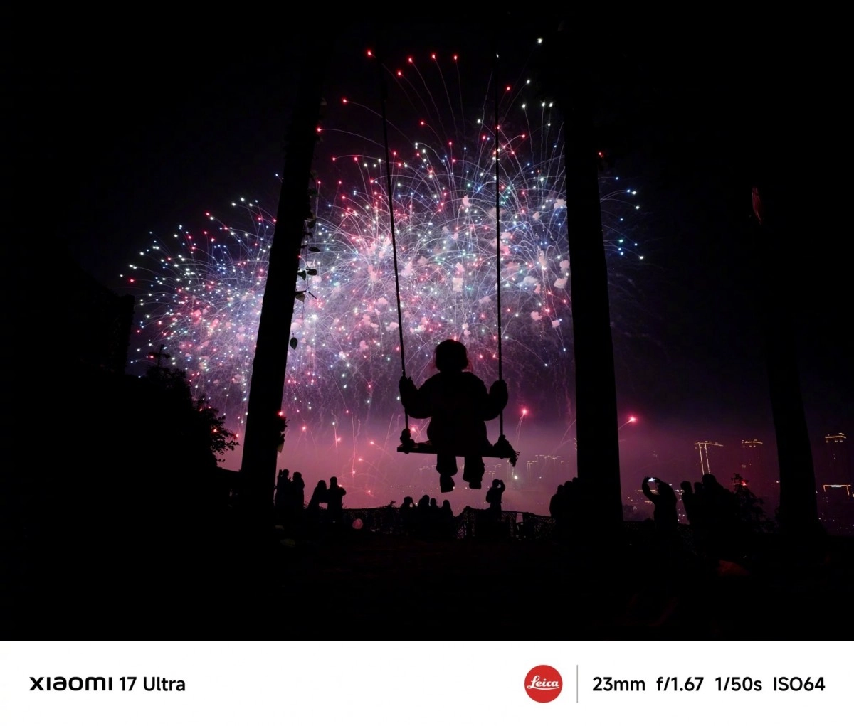 Child on swing watching fireworks, Xiaomi 17 Ultra sample.