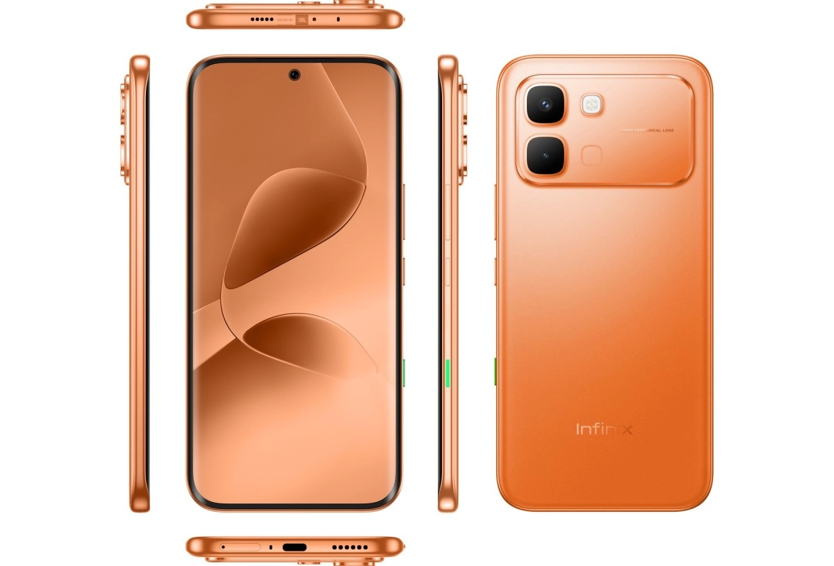 Infinix Note Edge phone in orange color.