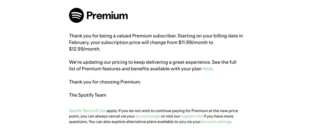 Spotify Premium price increase notification