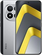 Silver Poco phone with yellow accent on screen.