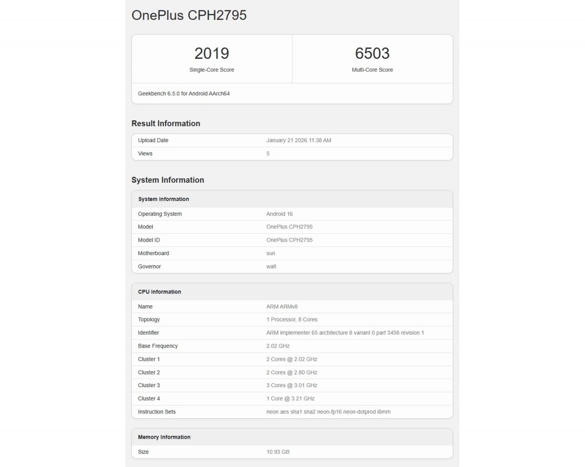 OnePlus Nord 6 Geekbench 6 chipset benchmark scores.