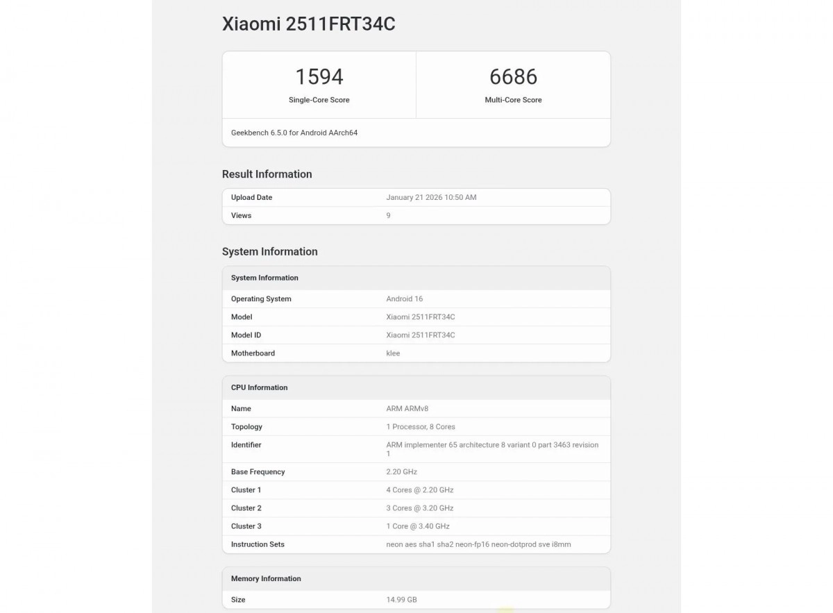 Redmi Turbo 5 Geekbench results confirming klee chipset.