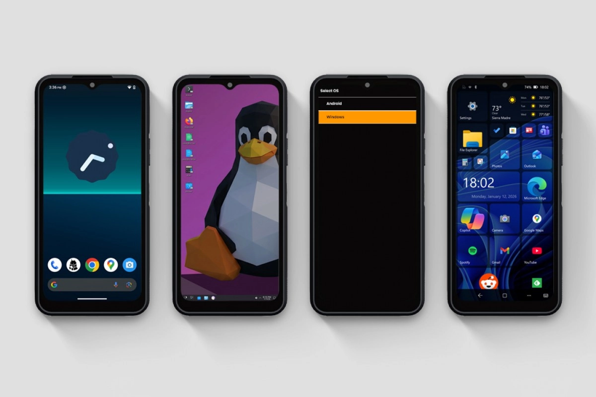 NexPhone running Android, Linux, and Windows 11.