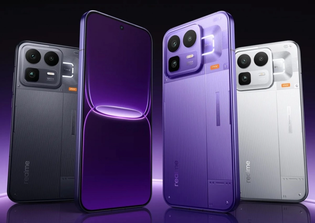 Realme Neo8 purple, black, and white phones