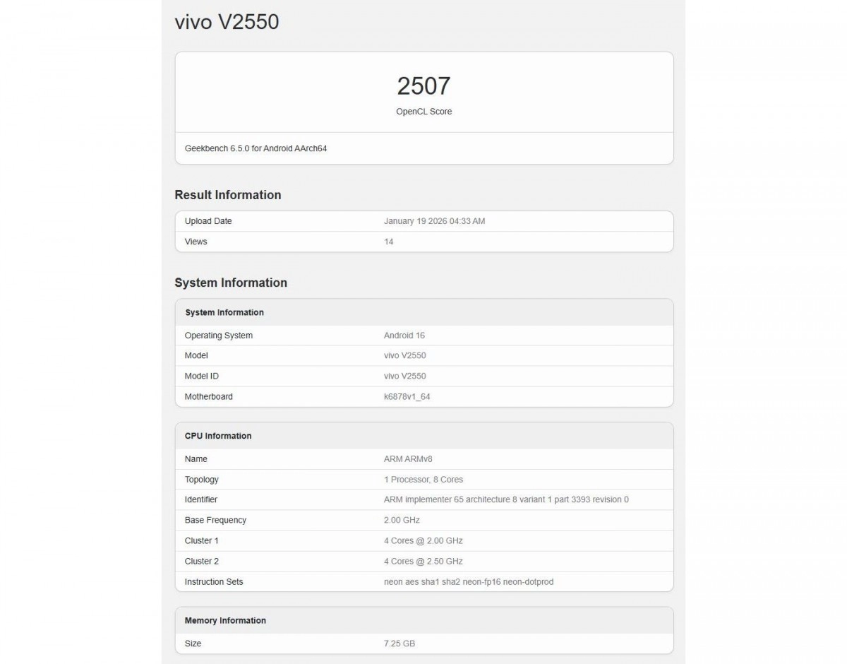 vivo V2550 Geekbench chipset and 7.25GB RAM details.
