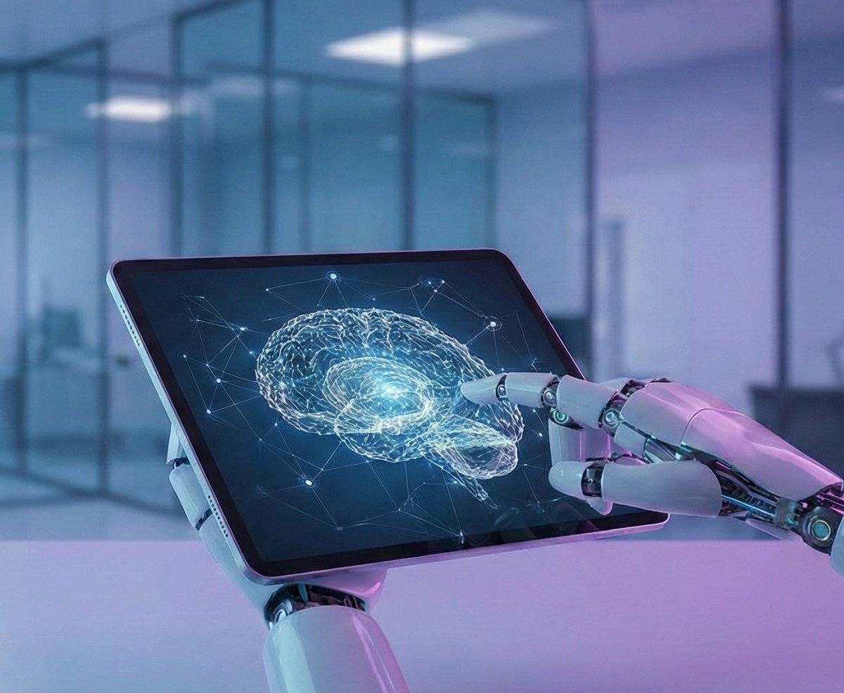 Robot touches AI brain on tablet screen.
