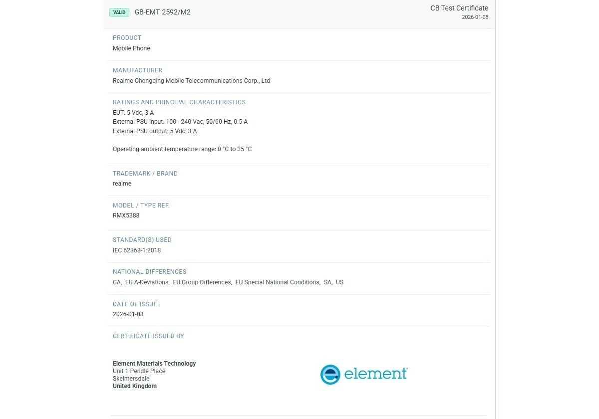 Realme Note 80 CB test certificate, 15W charging.