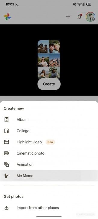 Google Photos 'Me Meme' creation option highlighted.