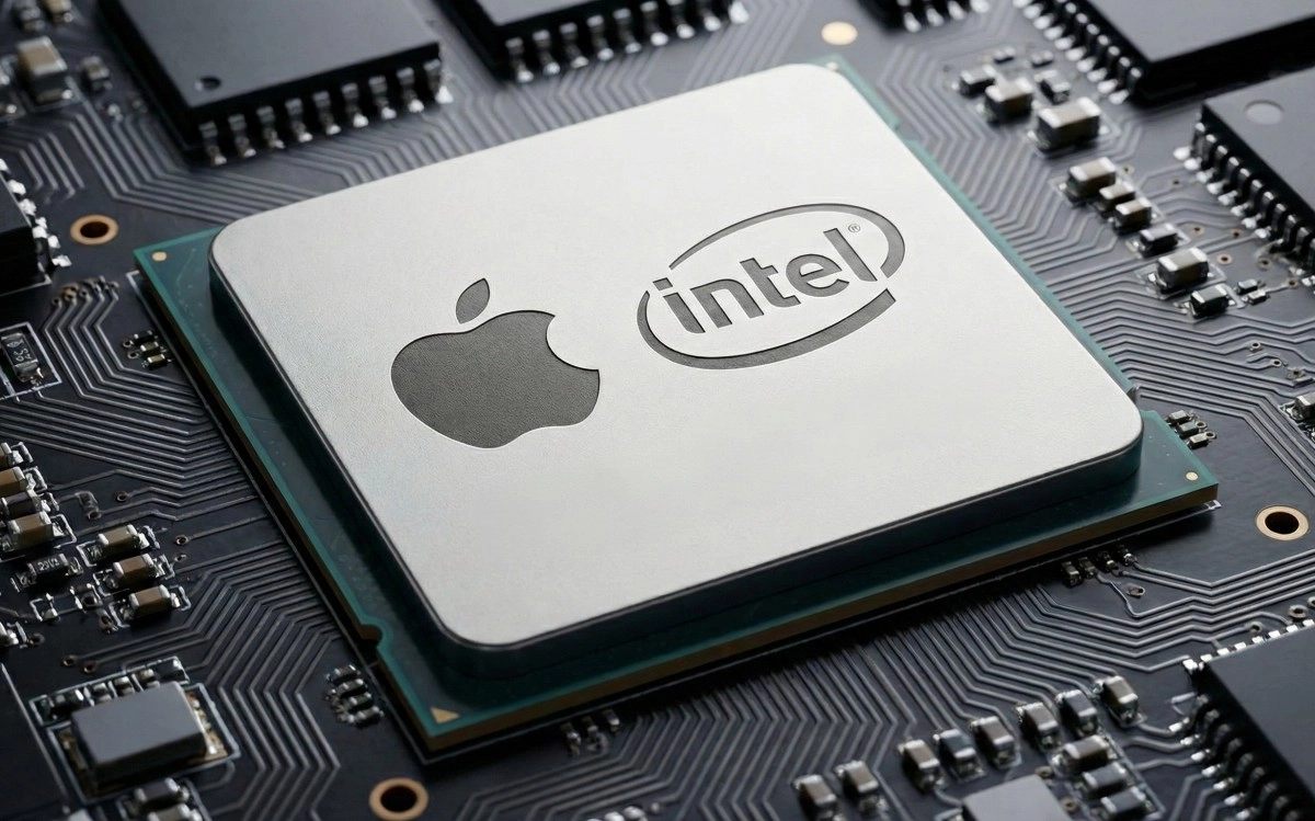 Apple and Intel logos on a computer chip.
