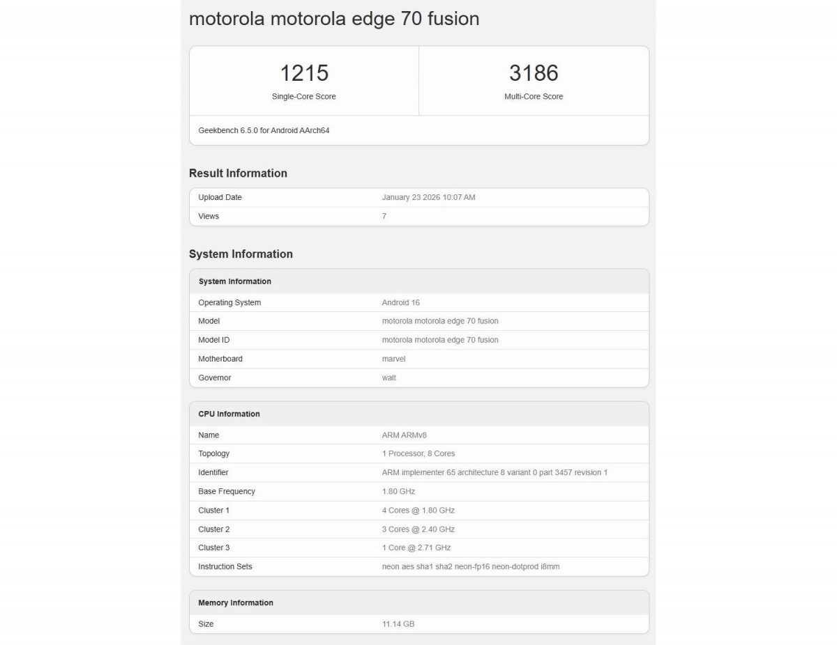 Motorola Edge 70 Fusion Geekbench scores and specs